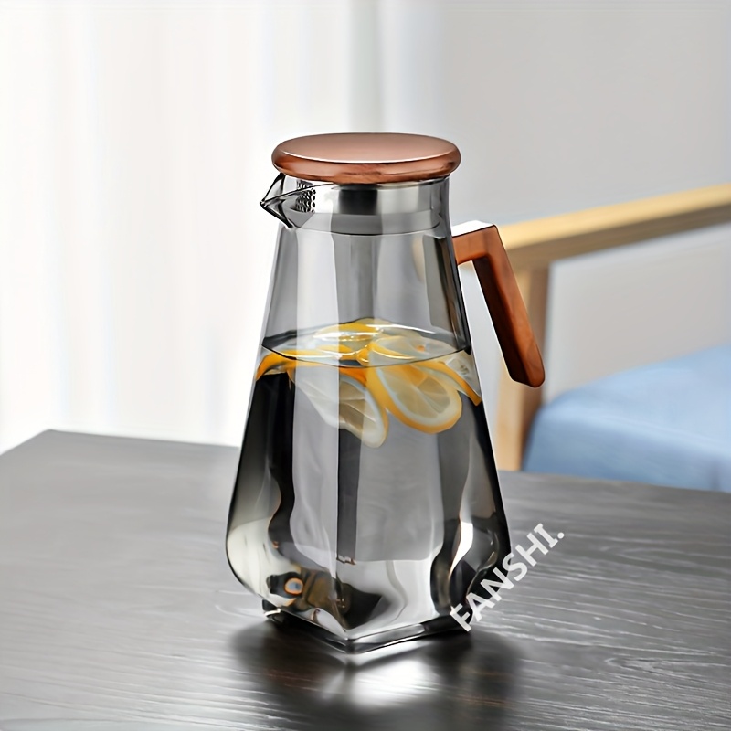 Gray Temu High Temperature Resistant Glassware Set, Glass Cold Water Pot Juice Cold Drink Pot Glass Kettle Cup Set, Set Wooden Lid Wood Handle Cool Water Pot Smoke Glass Jug Glass Cup Set