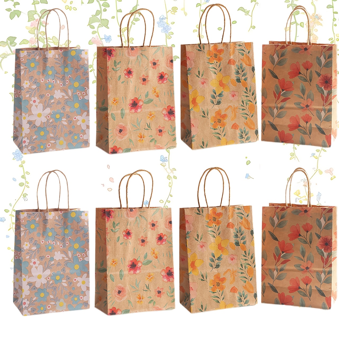 TEMU 8pcs 21*15*8cm Vintage Floral Paper Gift Bags, Multi-style Watercolor Flower Print Paper Gift Bag Set, Suitable For Birthday Parties, Wedding
