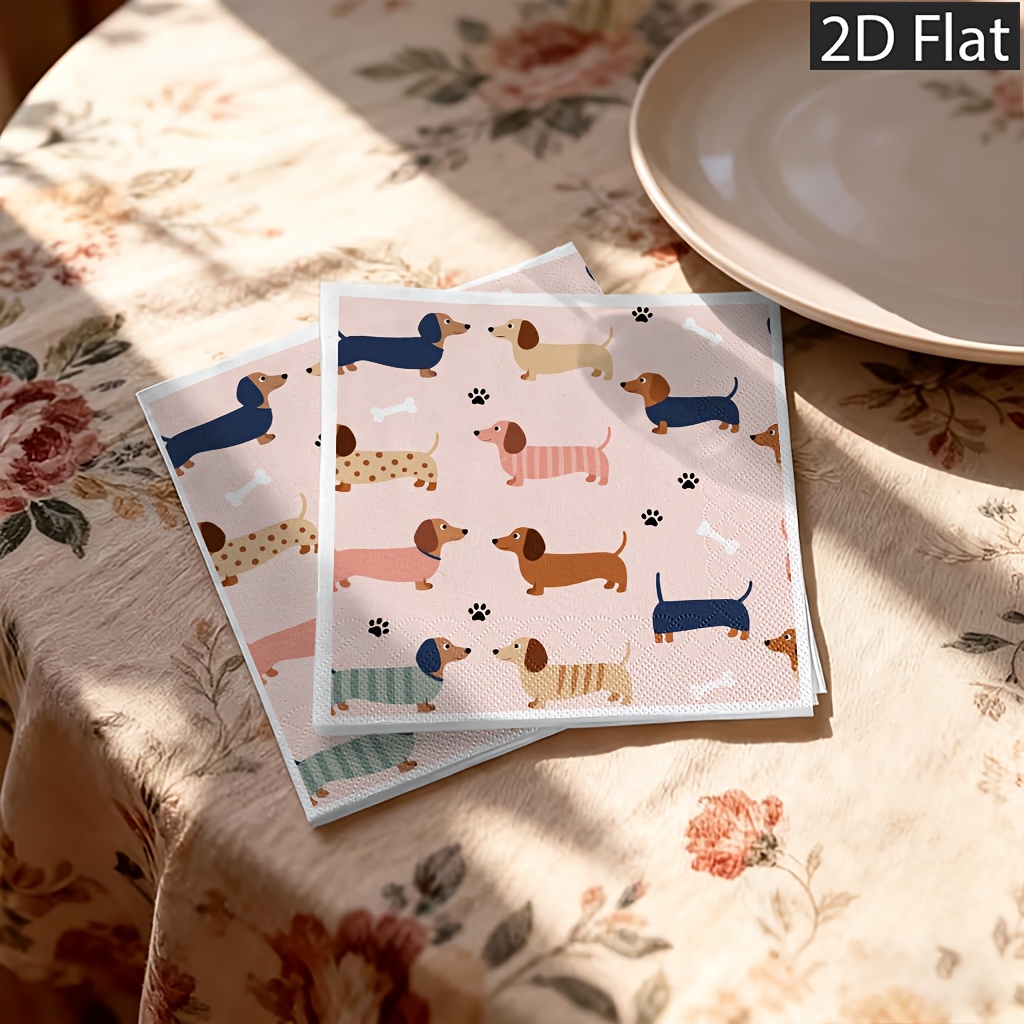 TEMU 2d Flat 20pcs Disposable Paper Napkins,2-ply For Extra Durabilitymulticolor Cartoon Dachshunds And Bones On Pink Background Perfect For