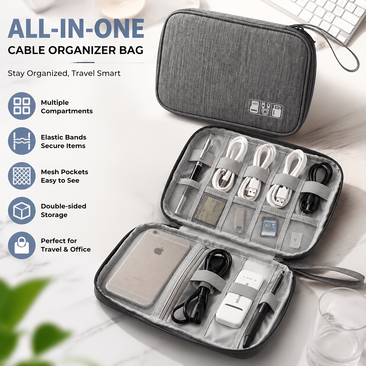 Travel Data Cable Storage Bag with 10pcs Reusable Cable Ties