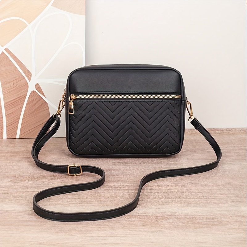 Image of 1pc Quilted Striped Crossbody Bag Fashion Zipper Camera Bag Women's Casual Shoulder Bag Adjustable Strap Versatile Small Square Bag