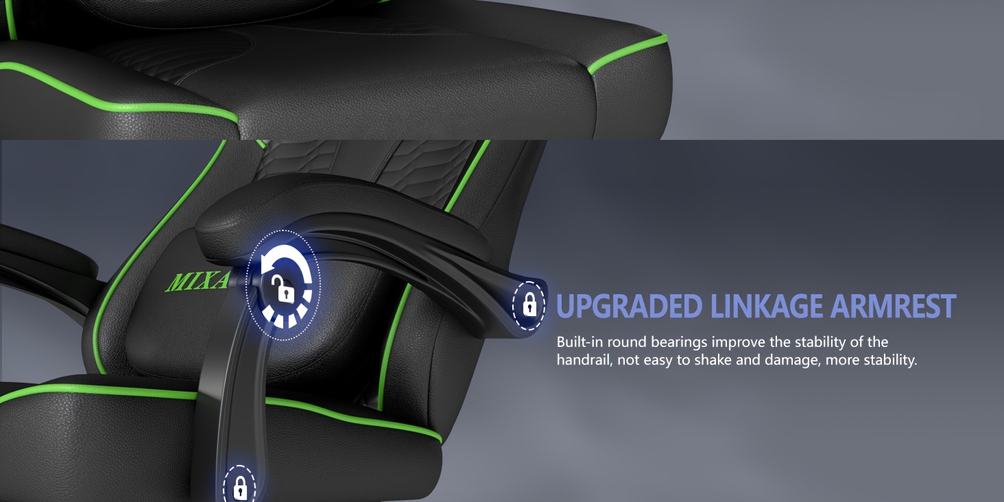 Een ergonomische gamingstoel met verstelbare rugleuning en een draaibare 360-graden functie - Ontworpen voor volwassenen en tieners tot 150 kg, perfect voor thuiskantoren of gaming, in een groene kleur.