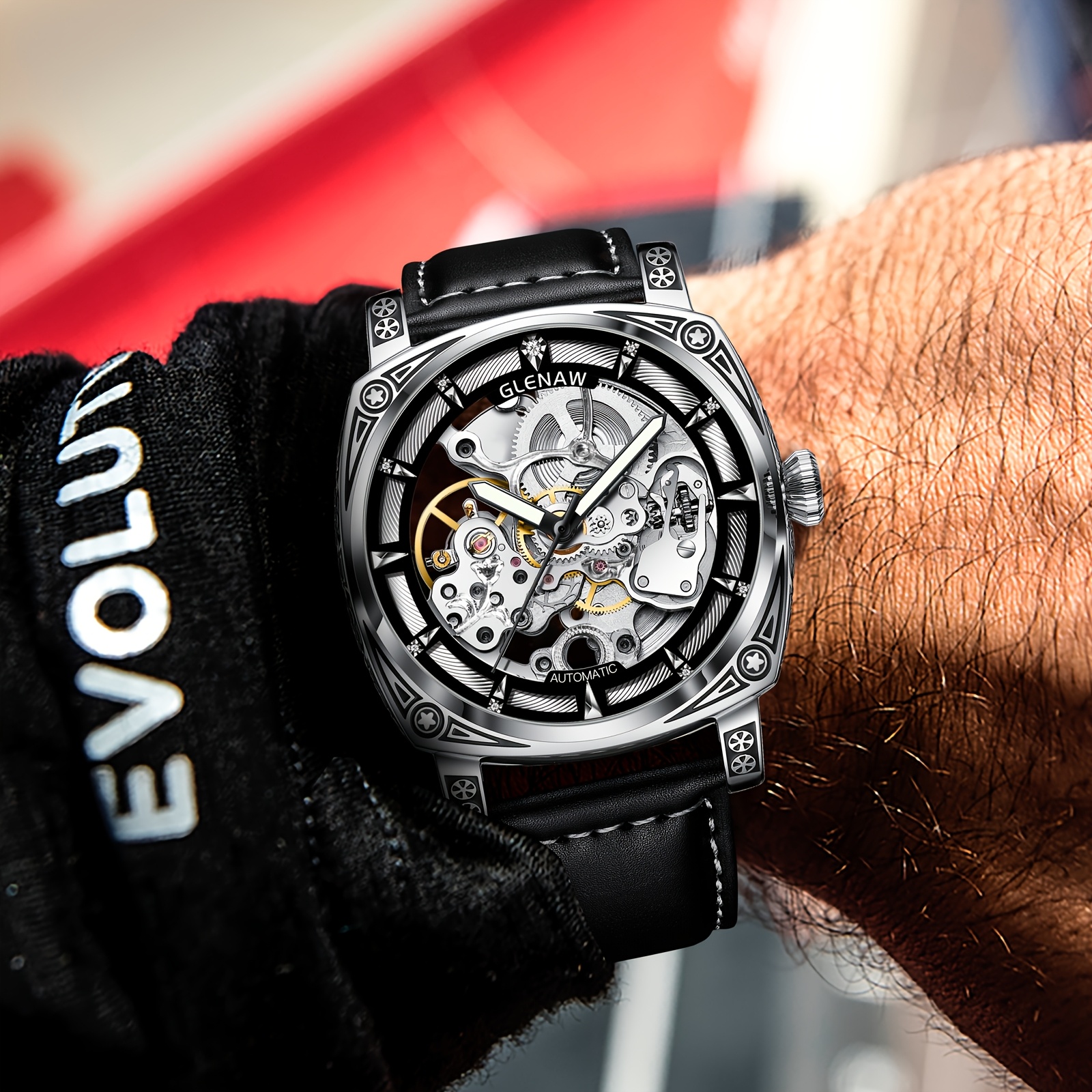 mens automatic mechanical watch elegant   dial waterproof up to 30  steel black   leather strap skeleton back with intricate movement date display ideal gift for him details 8
