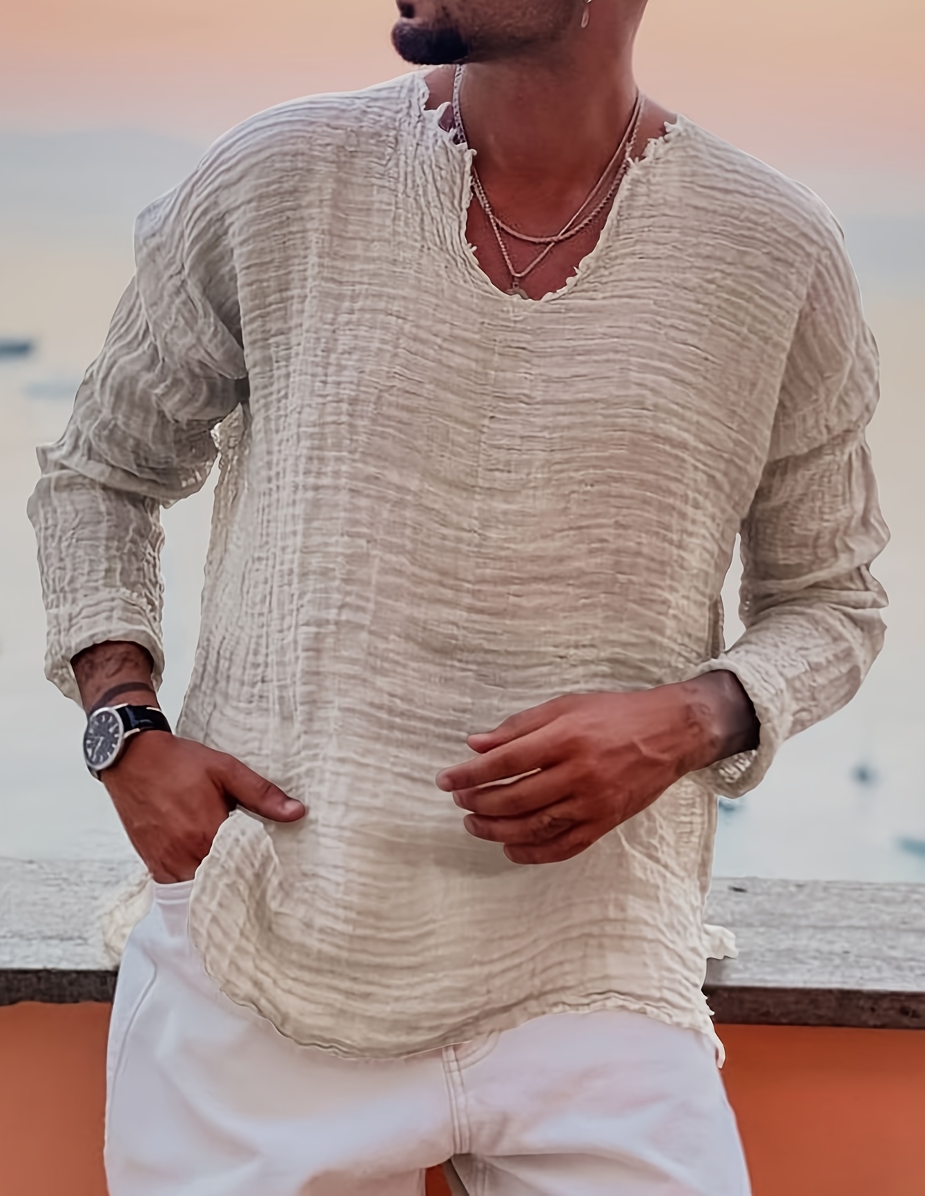 Men's Mid-Length Sleeve T-Shirt with V-Neck, Distressed Style Casual Summer Beach Vacation Top