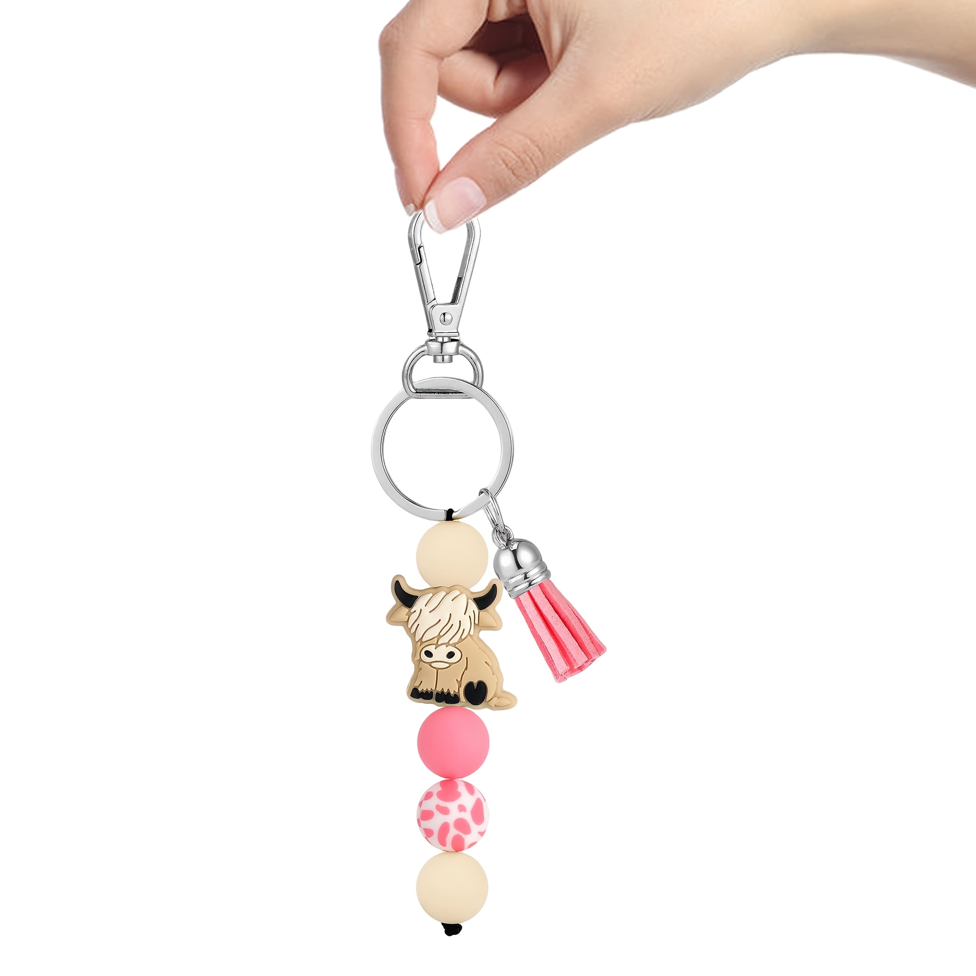 TEMU Cartoon Animal Brown Cow Bee Bead Keychain, Women's Western Retro Wristlet Accessory, Gift For Ramadan