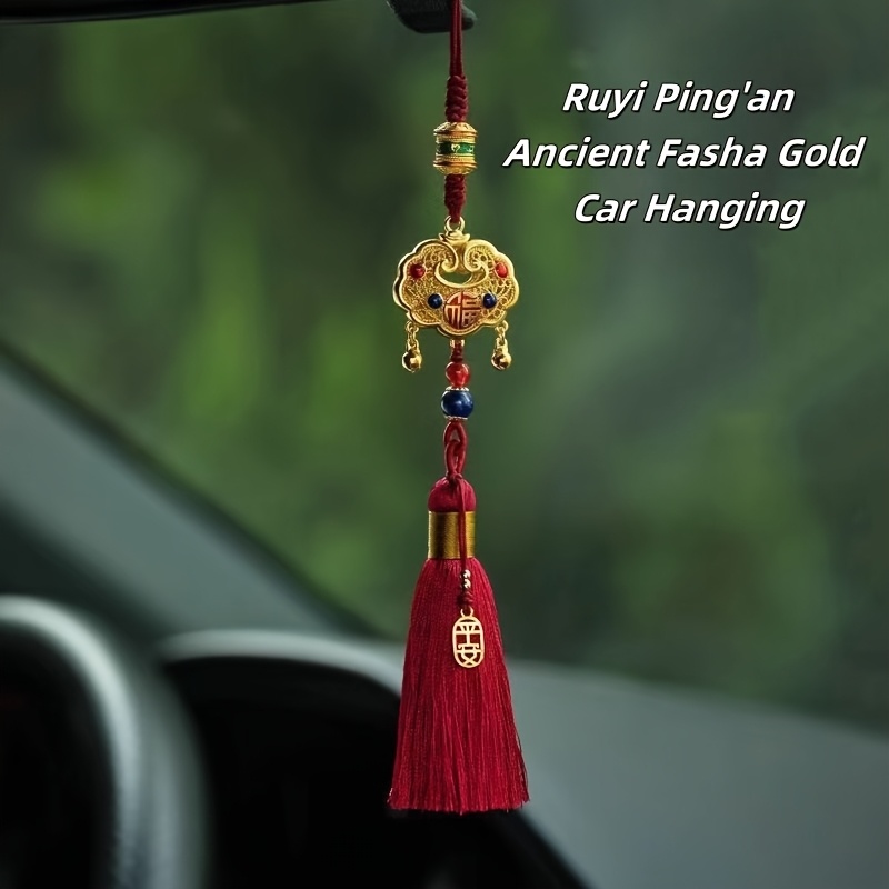 

Charm Car Pendant - Traditional Chinese Peace Lock Design With Copper Enamel & Golden-tone Red Tassels, Rearview Mirror Decor