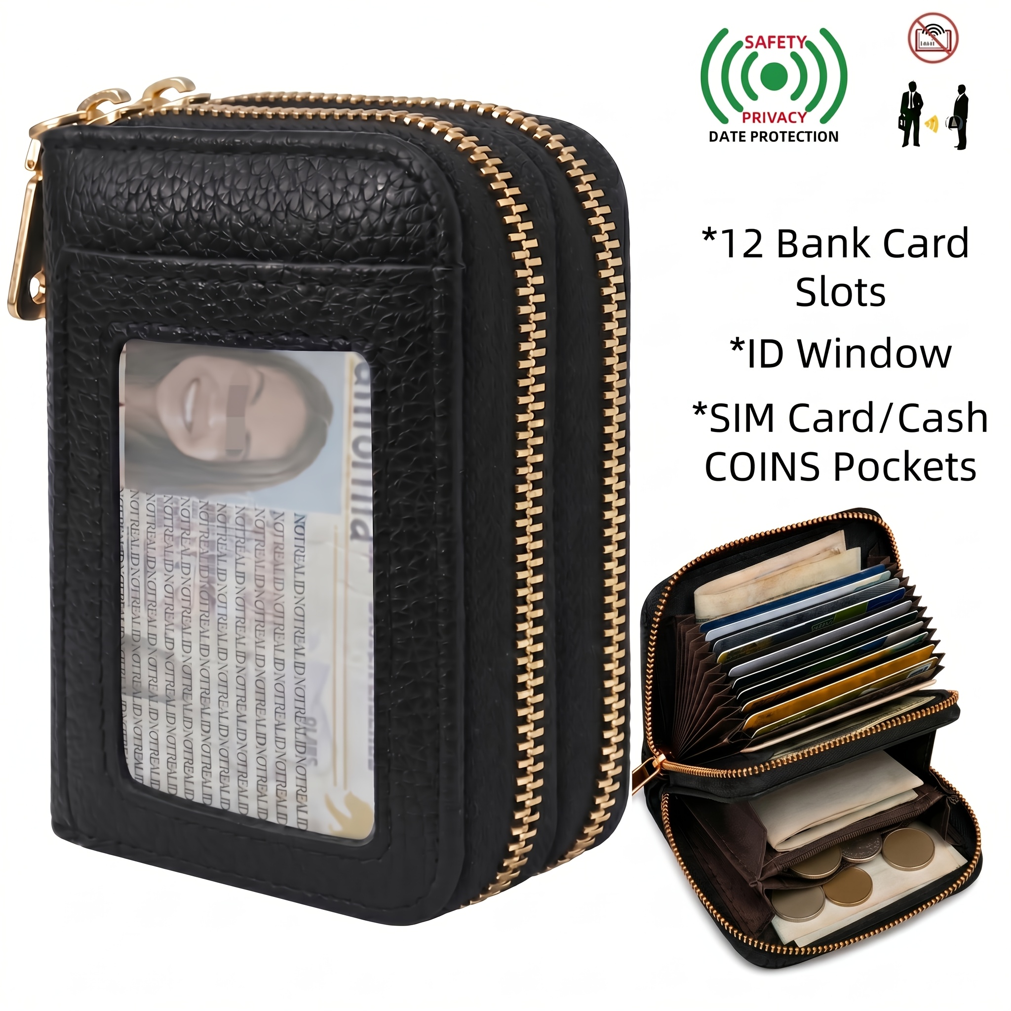 TEMU 1pc Small Genuine Leather Women Wallet, Top Layer Cowhide Credit Card Holder With Rfid Blocking Protection Purse, 12-card Slots Id Window Coin