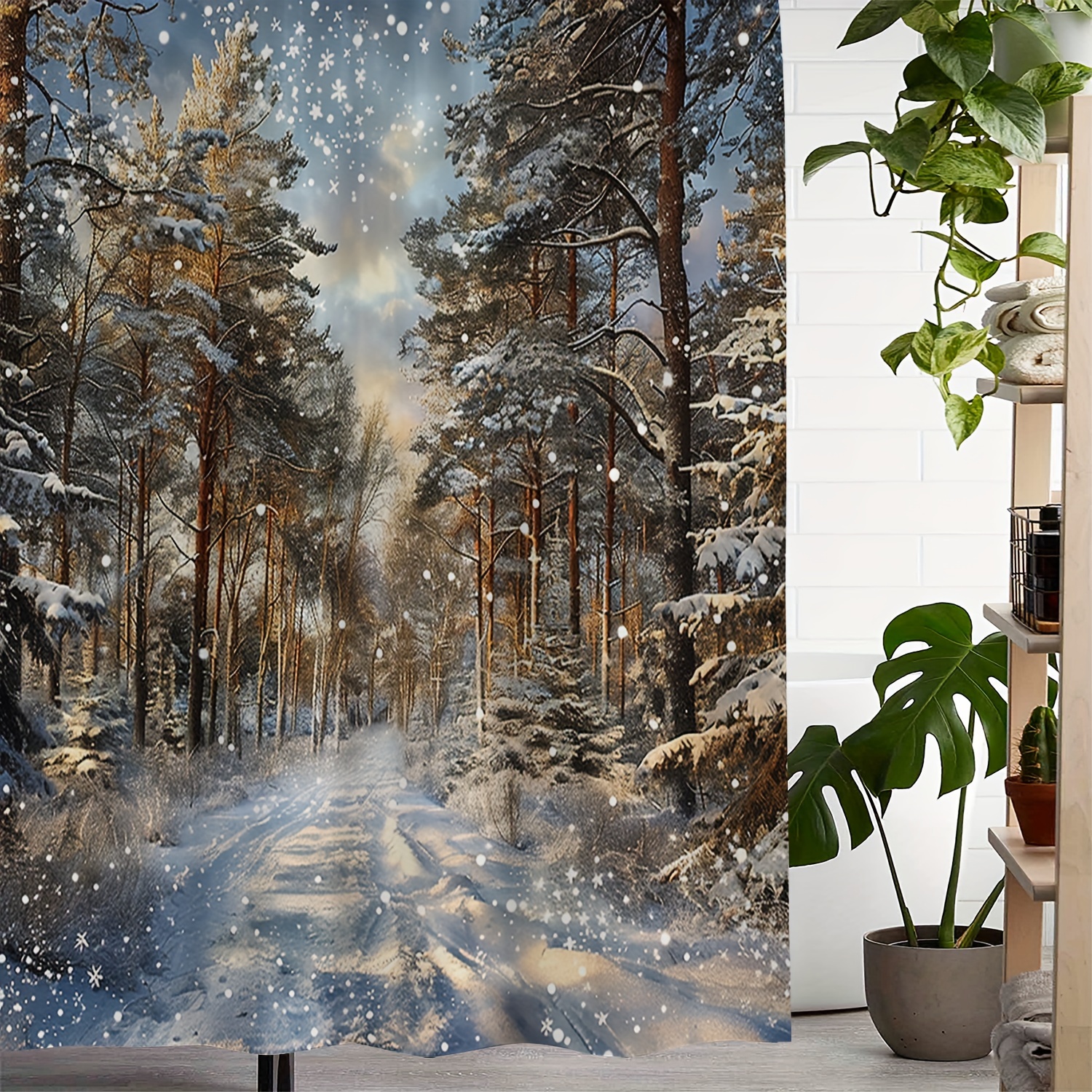 

1pc Christmas Christmas Shower Curtain, Waterproof Polyester Shower Curtain With 12 Hooks, Machine Washable, Winter Decor For Bathroom