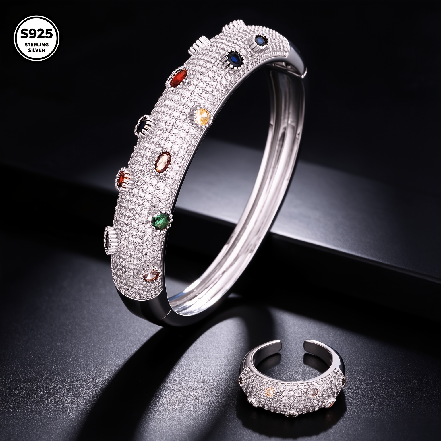 TEMU 925 Golden And Silvery Moissanite Bangle Ring Set For Women, Full 2pcs Jewelry Set, Gift For Valentine's Day Mother's Day Birthday Carnival