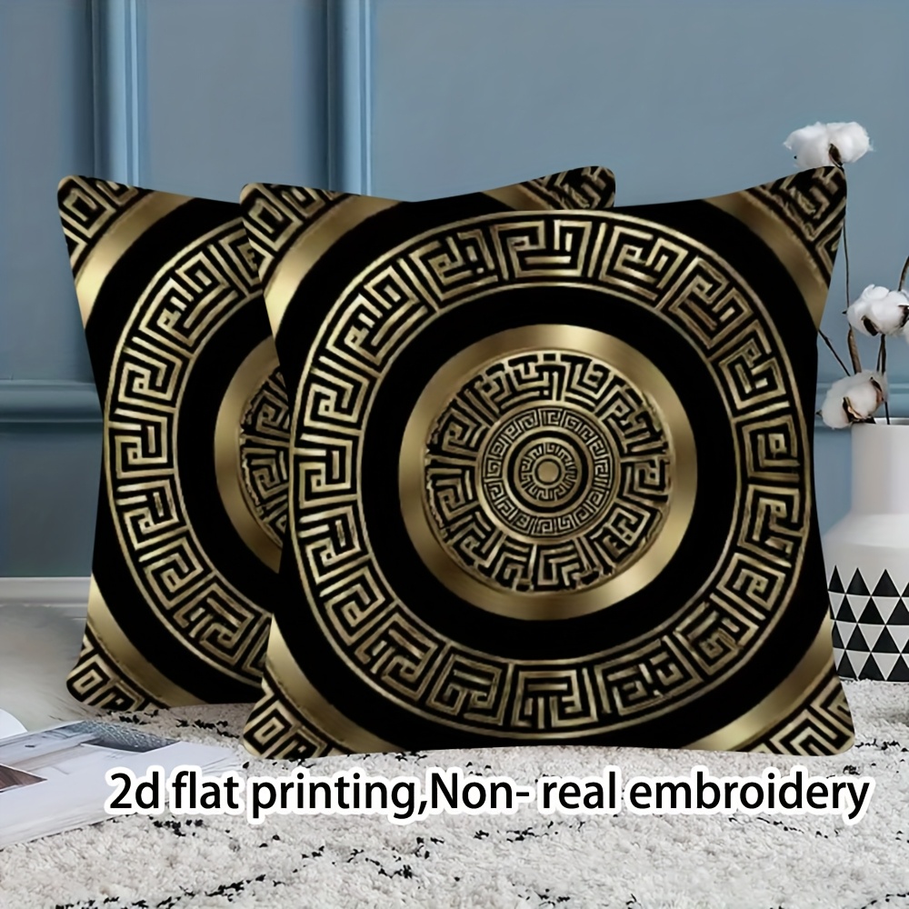TEMU 2pcs Black And Key Pattern Pillow Covers, Durable And Skin-friendly Washable Fabric, Black Background With Golden Geometric Key Patterns, Light