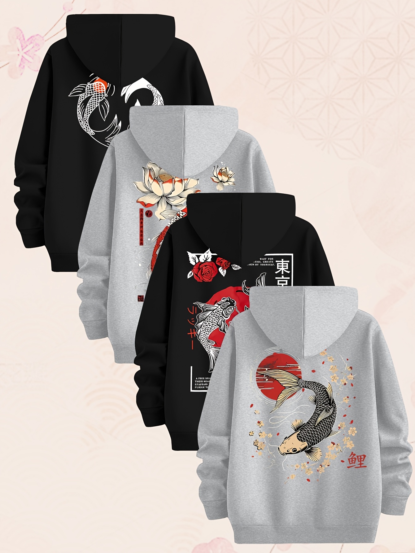 Carp Element Pattern Sweatshirt Four-Piece Men'S Hoodie, Made of Knitted Fabric, Casual Style, Fitted Hoodie Multi-Piece Set - Image 9