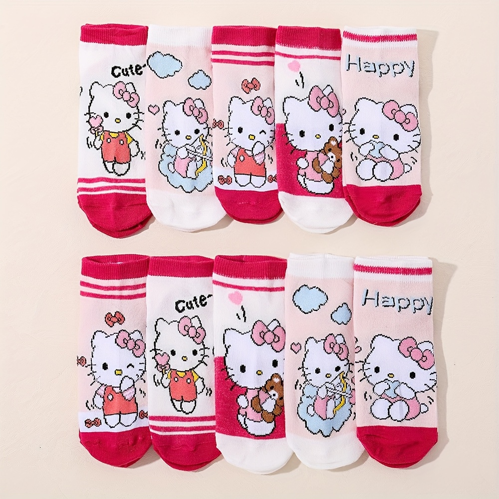 Image of 10/5 Pairs Hello Kitty Girls Short Socks, Warm Soft Cartoon Ankle Socks For Fall Winter, Cute Pink , Breathable Knit Toddler Socks