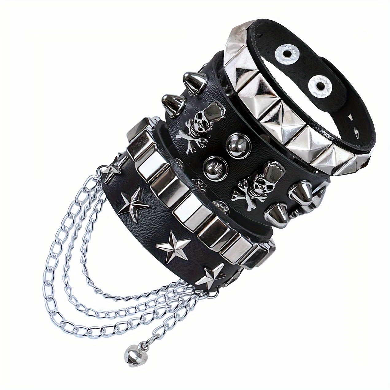 

3-piece Set, Qydcx Punk Rock Studded Bracelets, Adjustable Spiked Leather Cuff, Vintage 80s Emo Style, Pu Leather, Unisex Fashion Wristbands For Men And Women, Daily Wear And Gift