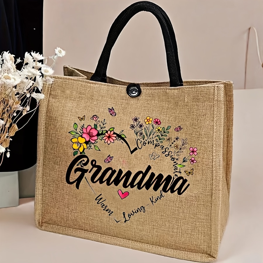 

Grandma' Linen Tote Bag - Large Capacity Handbag With Button Closure, Floral Print, Christmas Gifts To Grandma