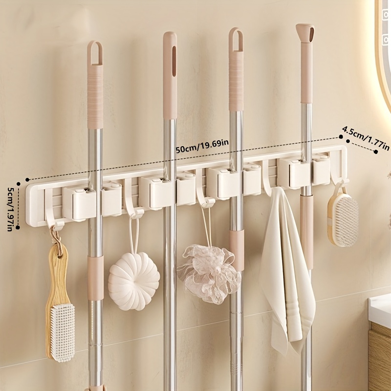 TEMU Heavy-duty Metal Wall-mounted Mop And Broom Holder With Removable Hooks Space-saving Storage Rack For Home, Kitchen, Garden, Laundry Room, And