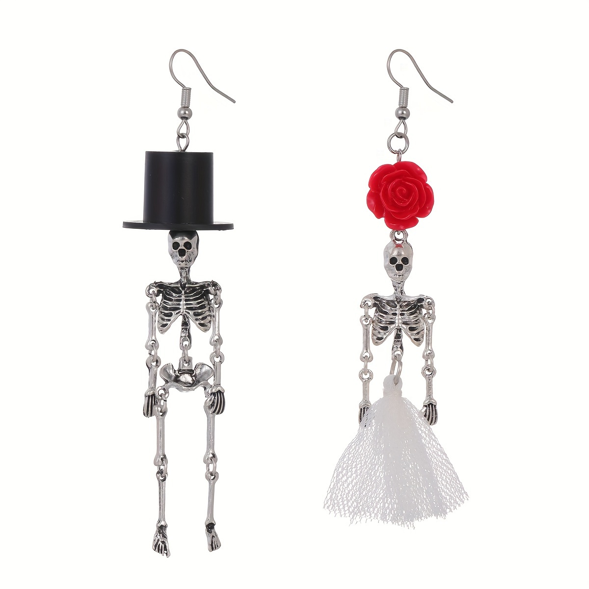 

Gothic Skeleton Bride Earrings - Vintage Punk Style, Antique Silvery Plated With Resin Accents, Stainless Steel Posts For