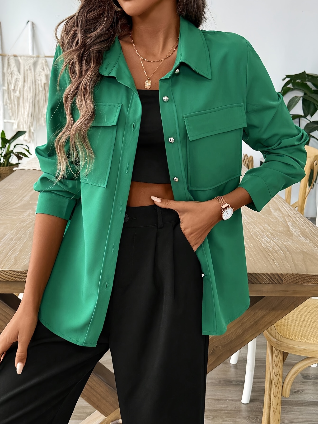 elegant style womens elegant green button shirt jacket long Temu