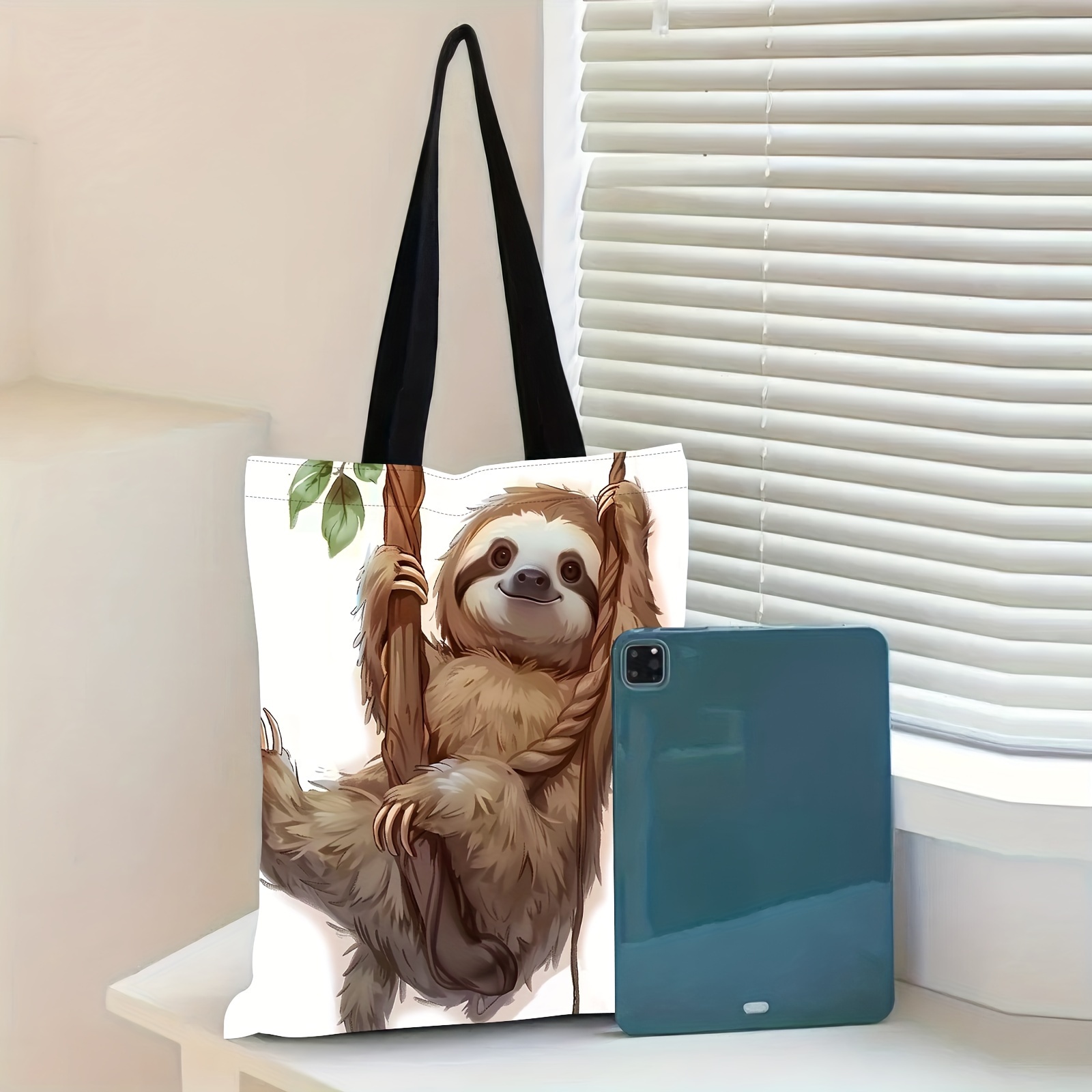 Chic Sloth Print Canvas Tote Bag Spacious Shoulder Shopping Temu