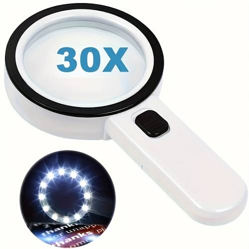 portable magnifying glass 30 power illuminated magnifying glass with 12 led lights for reading inspection jewelry ideal for seniors easy design battery powered
