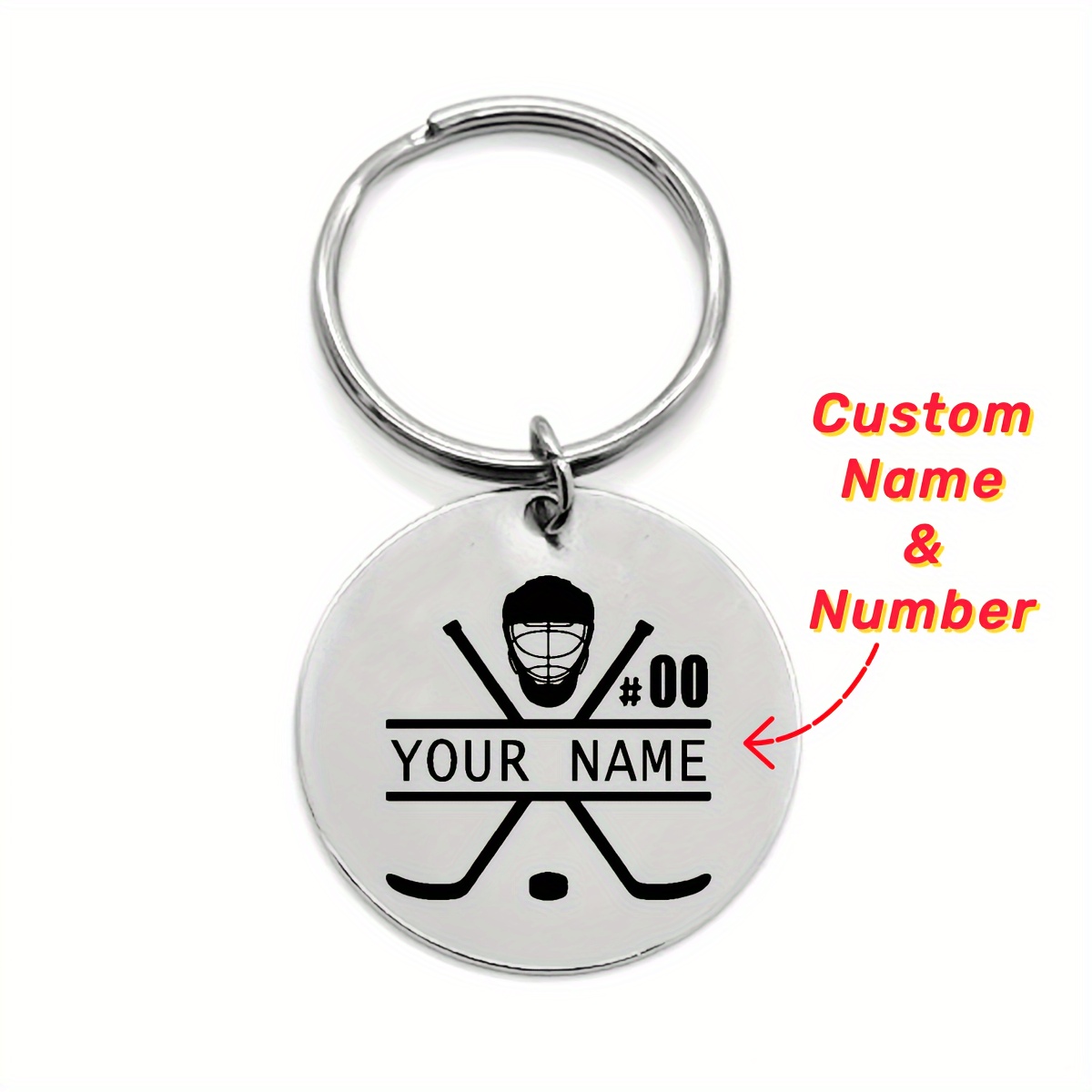 

Personalized Stainless Steel Ice Hockey Keychain With Engraved Name, Perfect Gift For Ice Hockey Club Members And Enthusiasts.