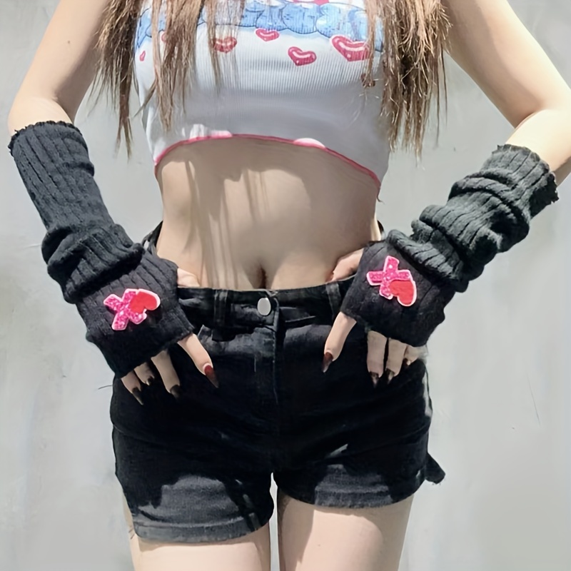 Women's Y2K Cute Cartoon Heart Star Fingerless Gloves Elastic Stretchy  Winter Warm Arm Warmers, Hand Washable Casual Outing Fashion Accessories, C