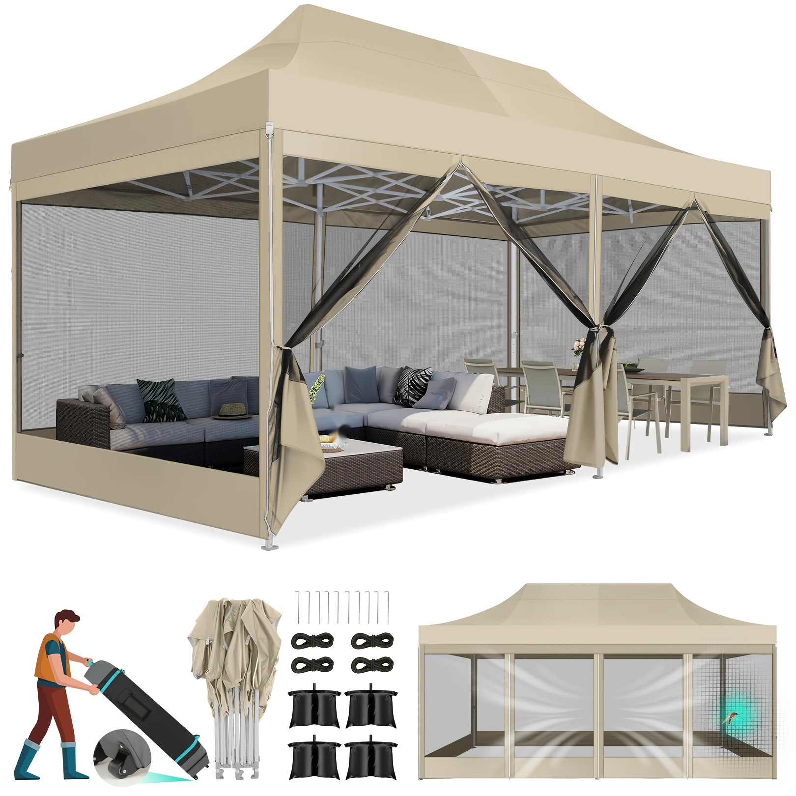3x6m Simple Heavy-duty Pop-up Awning With 6 And 4 Sandbags, Includes Net, Easy-to- Mesh Party Tent, Commercial Awning, Uv Protection - Party Tent With Wheeled Storage Bag