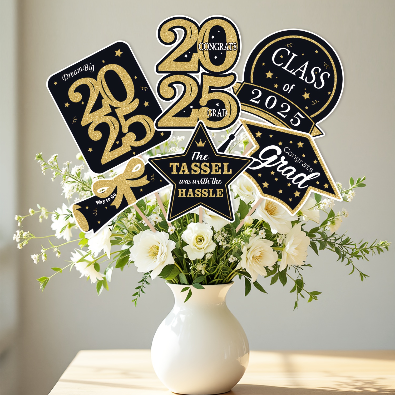 

42pcs Graduation Party Decorations - Elegant Black & Golden Grad Table Centerpieces With "" & "the Tassel " Signs - Grad Photos & Celebrations, Graduation Decorations