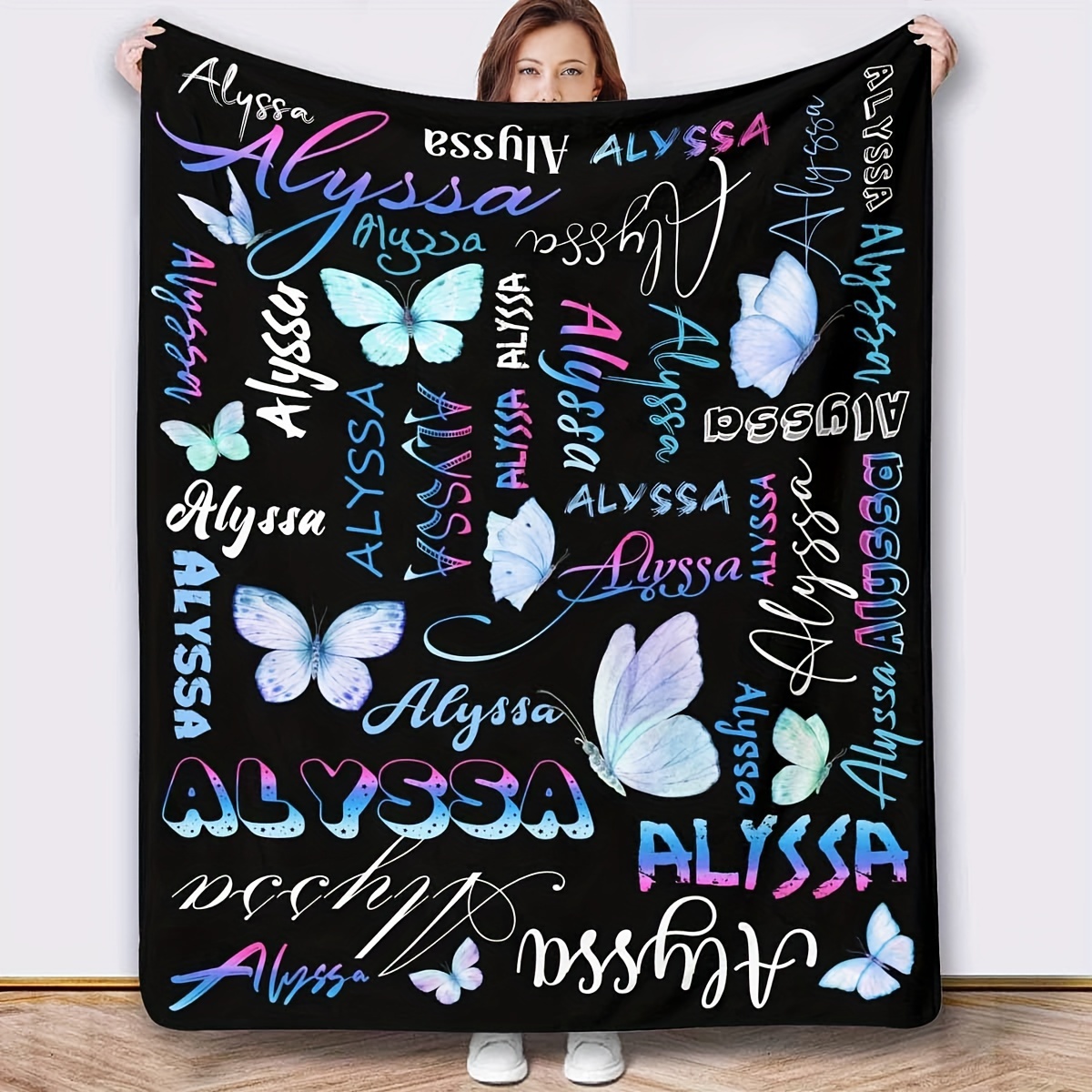 

Custom Alyssa Butterfly Print Flannel Throw Blanket - Personalized Text, Hypoallergenic Bedding, Machine Washable, , For Living Room Sofa, Office, Pet - 1pc Polyester Contemporary Style Blanket