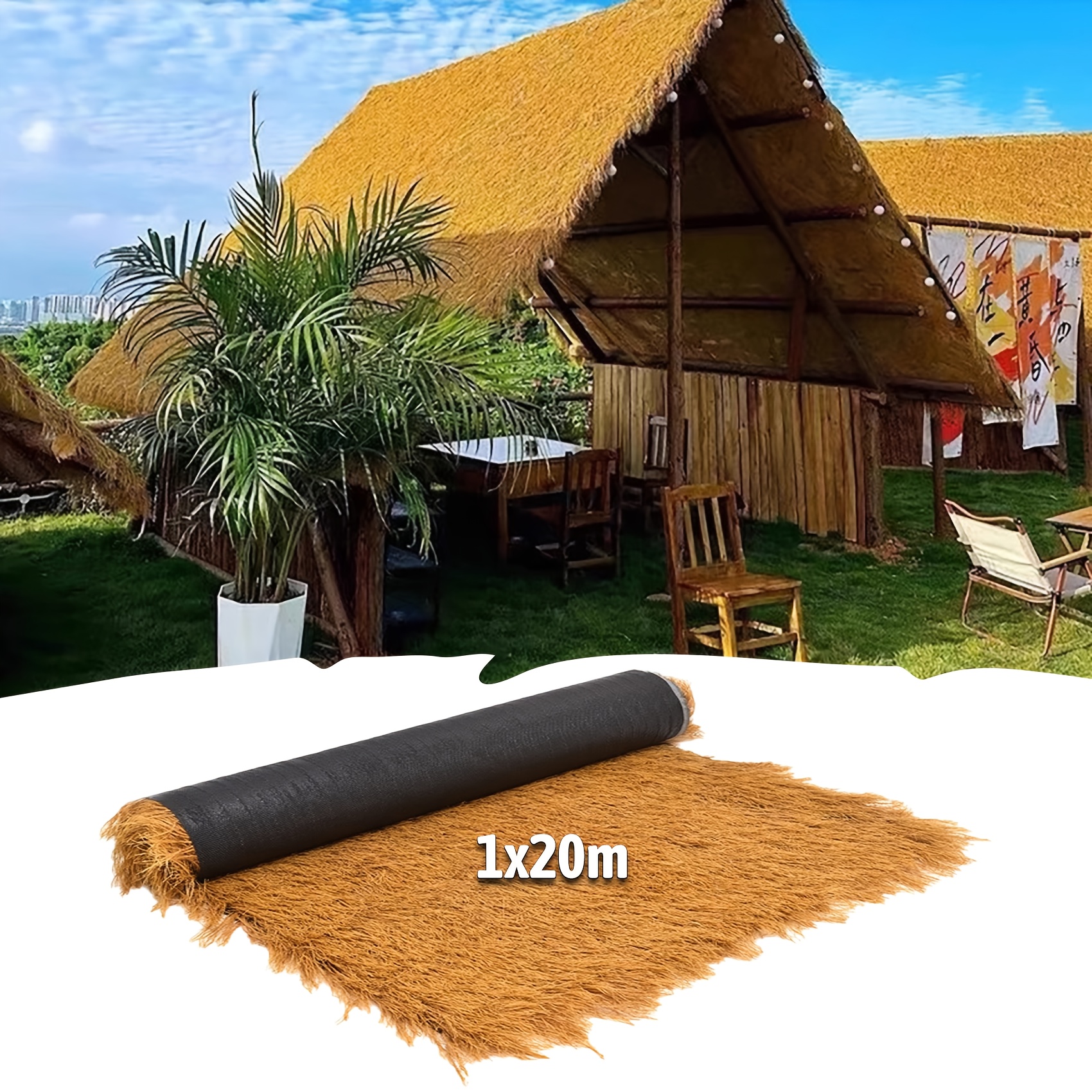 Image of Durable Realistic Palm Thatch Board - 10㎡/20㎡ - Straw Color - Uv Artificial Thatch Roll, Suitable For Wall Pe Thatch Roofing Material, Suitable For Bars, Gazebos, And Courtyard Decor