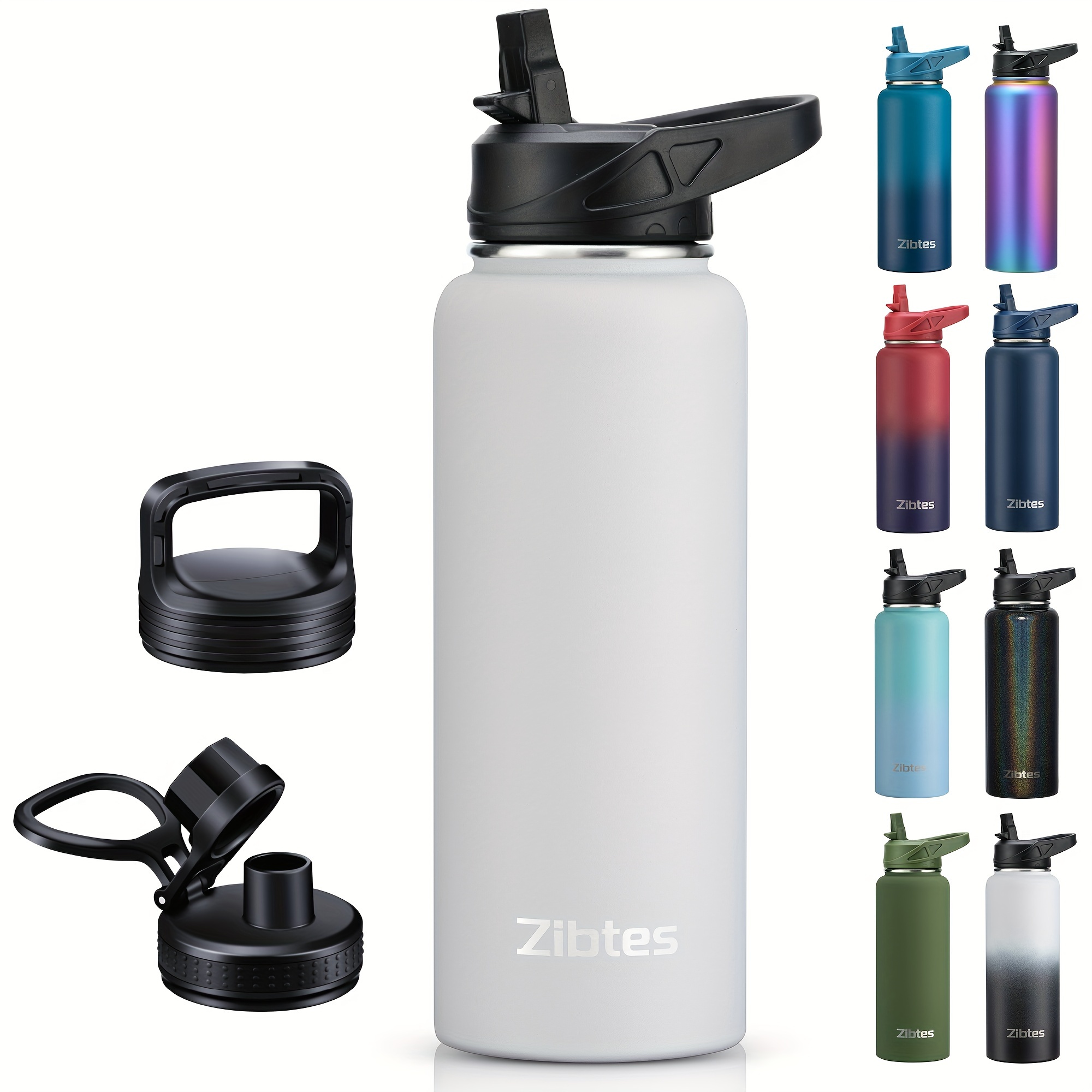 

Zibtes 40 Oz Insulated Water Bottle With Straw, 3 Lids (flip, Spout And Handle Lid), Stainless Steel Leak Proof Sports Water , Double Walled Vacuum Metal Water Bottle