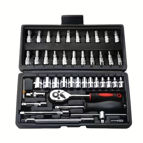 a set of 46pcs black multi purpose vehicle mounted vehicle repair tool box motorcycle repair tool set with plastic storage box suitable for purposes such as automobiles motorcycles bicycles mechanical repair and maintenance