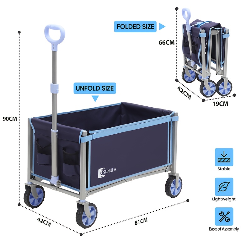 Image of Sunula 3-in-1 Handcart Foldable Small 160l 100kg, Foldable Handcart With Halved Weight, 2 Cup Holders For Food, Handcart With Brakes Camping, Beach, Shopping And Garden