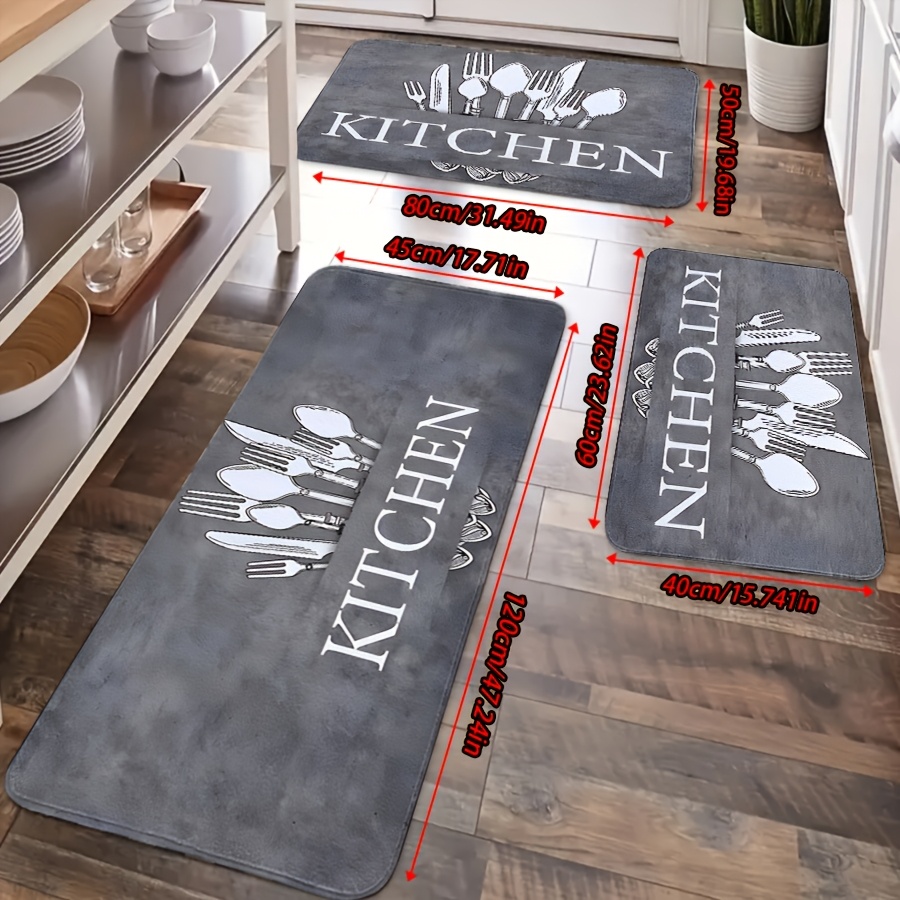 TEMU 2pcs/3pcs Set Of Flannel Kitchen Mats - Gray, With Knife And Fork Print, Non-slip, Wear-resistant - Ideal For Kitchen, Living Room, Entrance,