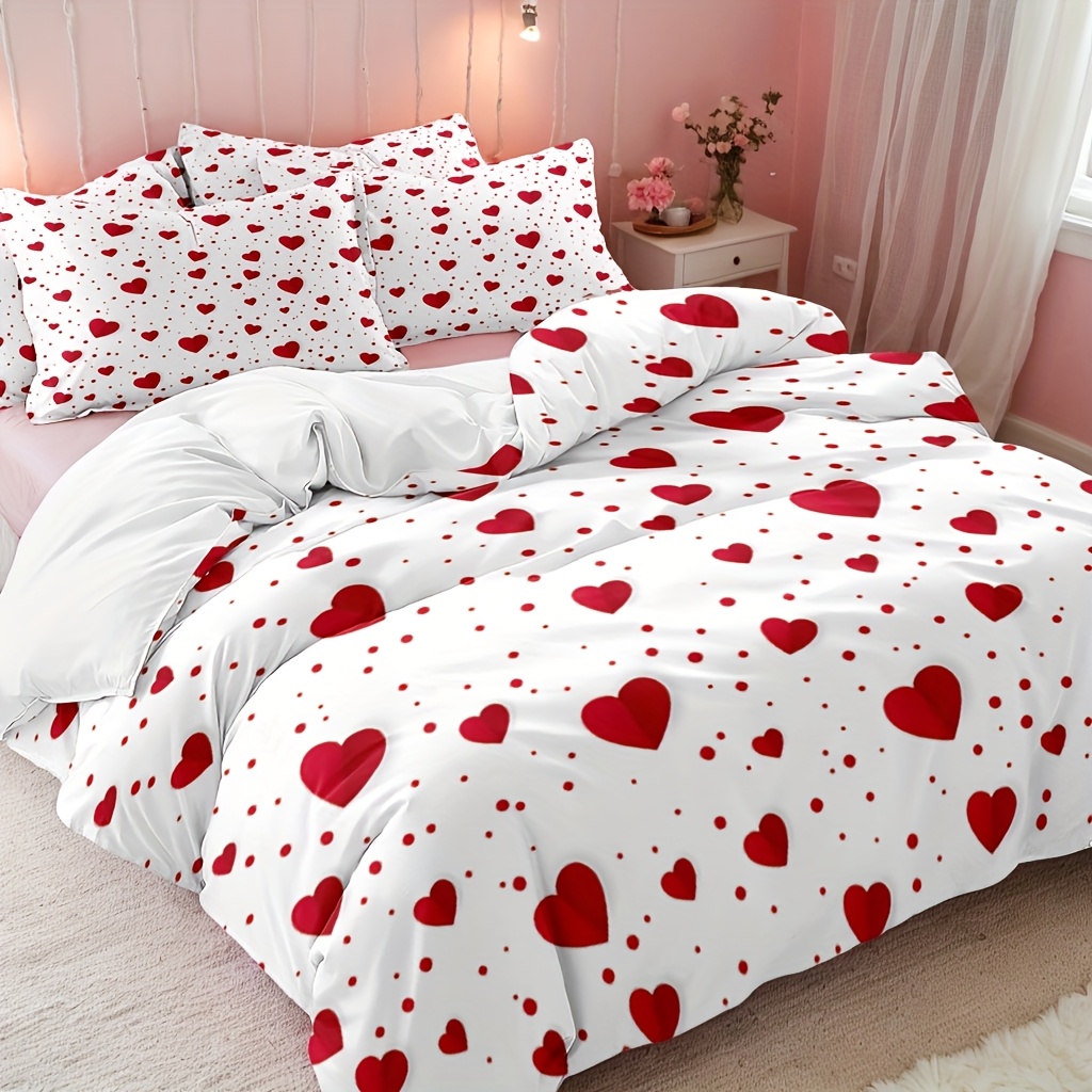 Soft And Comfortable Heart Pattern Duvet Cover Set - Includes 1 Duvet Cover And 2 Pillowcases, Breathable Polyester, Zipper Closure, Machine Washable - Suitable For