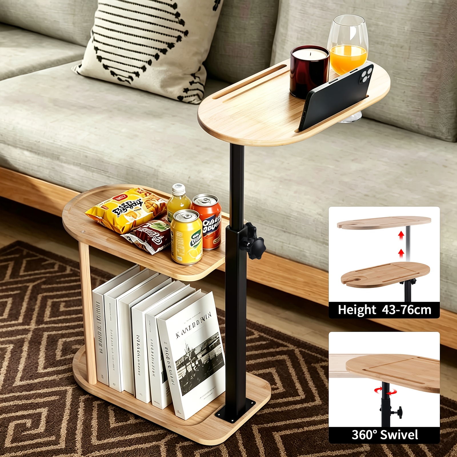 TEMU 3-tier Freestanding Swivel Top Tray Sofa End Couch Side Table Height Adjustable Glass Rack Phone Holder Utility Shelf Living Room Bedroom