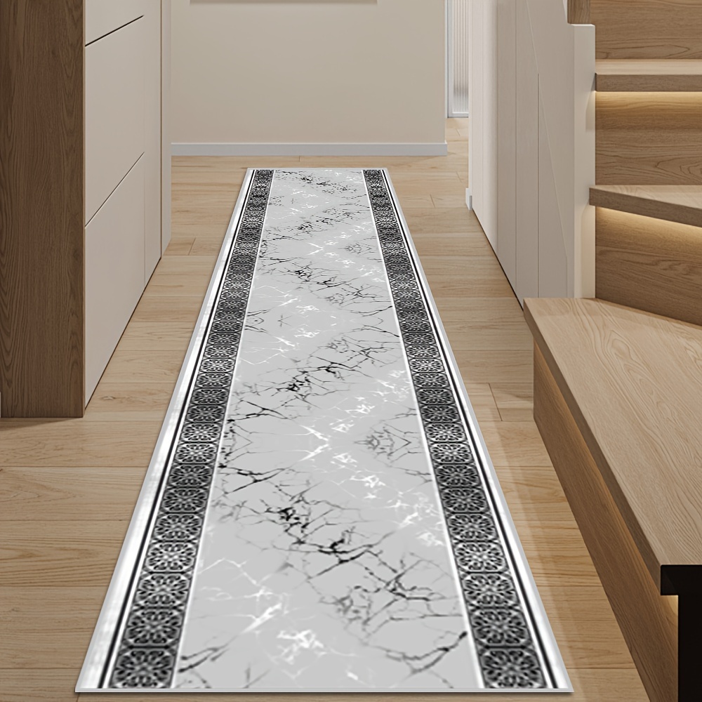 Image of Golden Diamond Velvet 1pc, Light Gray Pattern Long Carpet, Exquisite Hemming Comfortable Foot Rug, Coffee Shop Door Floor Mat, Non-slip Living Room Laundry Room Carpet