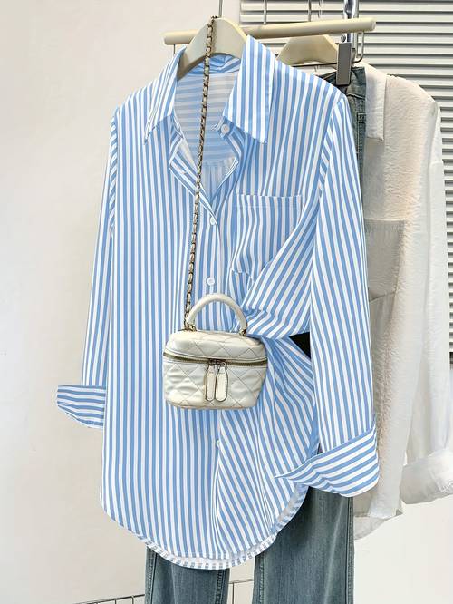 womens elegant striped button shirt with chest pocket long sleeve button up blouse for office casual attire vertical striation vertical stripes machine washable buttonshirt top no