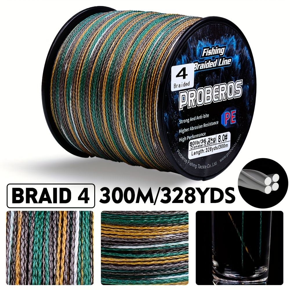 Proberos Braided Fishing Line - 300M/328YDS, 4-Strand PE Multifilament, with a Super Strong Tension Value of 2.72-36.29KG, Designed for Smooth Long-Distance Casting And High Resistance to Abrasion.