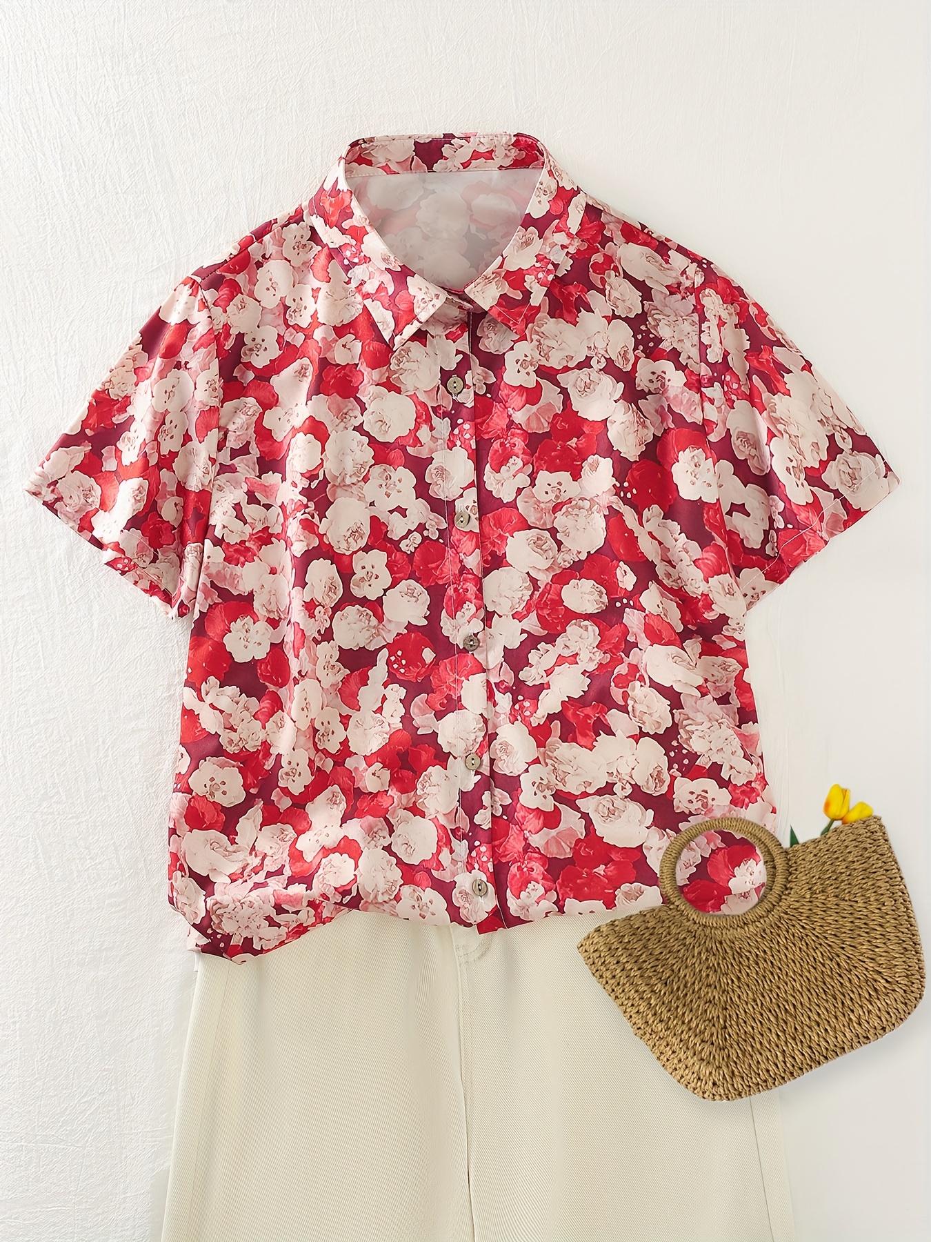 blusa manga corta estampado floral retro mujer estilo 80 Temu