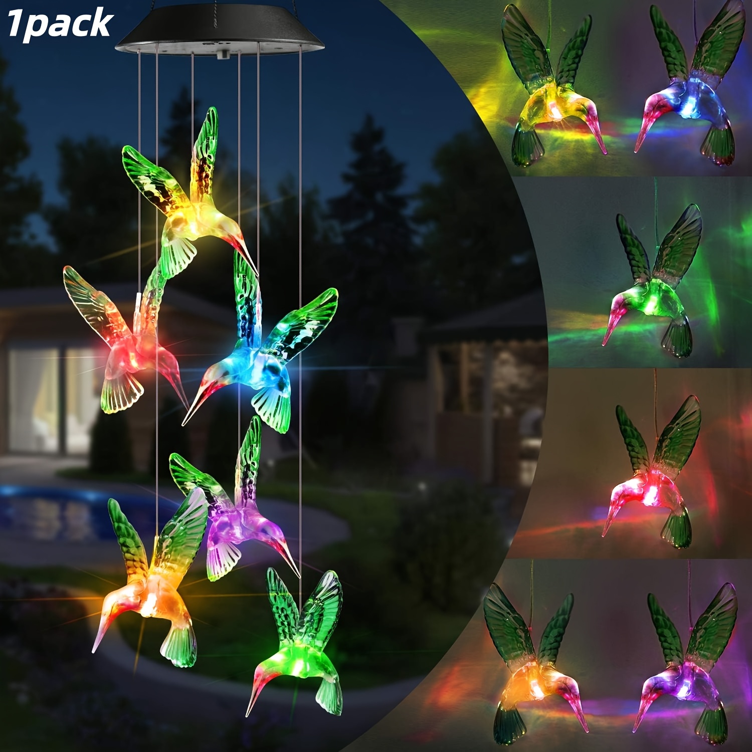 TEMU Solar Wind Chimes, Color-changing Solar Hummingbird Wind Chimes, Solar Powered Garden Wind Chimes, Hanging Solar Lights, Romantic Outdoor Decor,