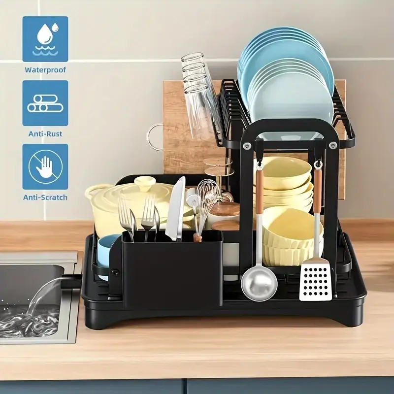 Support your kitchen with a spacious 2-tier dish drying rack, complete with a double dish rack, cup holder, cutting board, and black utensil organizer. Perfect for keeping your above sink kitchen countertop organized and efficient. détails 5