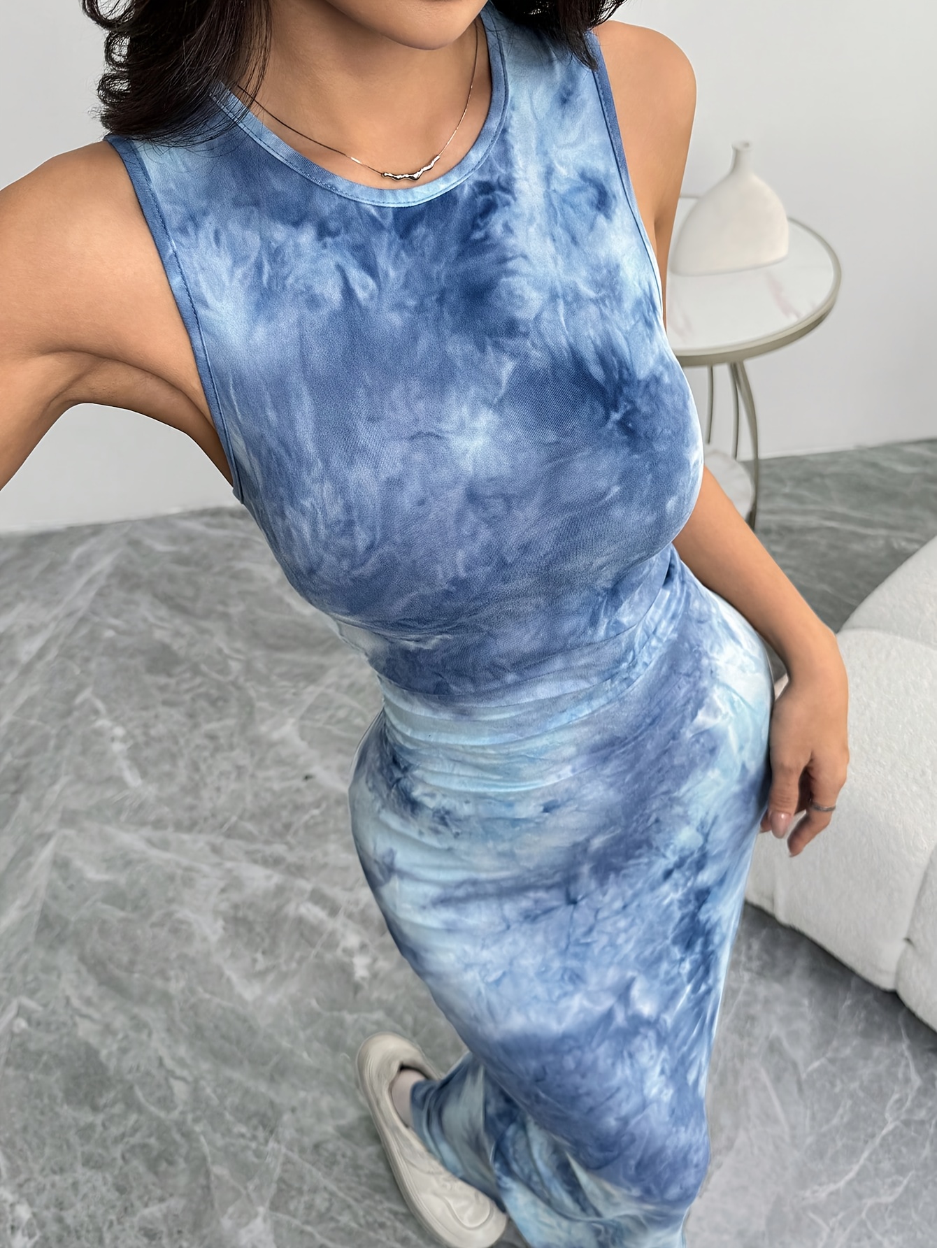 Womens Sleeveless Waist Cinching Tie Dye Maxi Dress