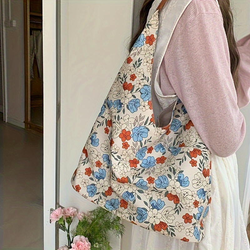 

Japanese Style Floral Print Canvas Shoulder Bag For Women, Retro Large Capacity Summer Tote, Shopping Bag