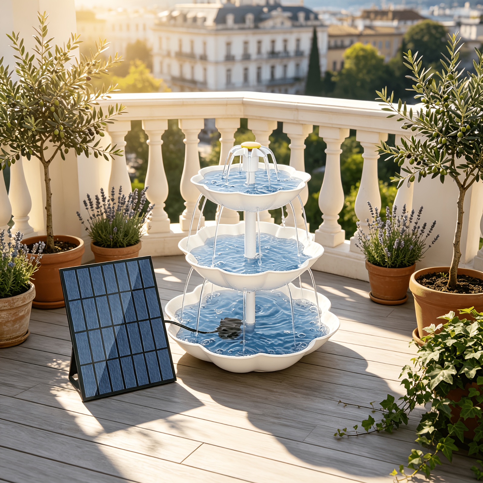 TEMU Pompe solaire 4,5 W pour extérieur - Fontaine-bassine à oiseaux à 3 niveaux avec pétales blancs, convient pour la décoration de jardin, patio,