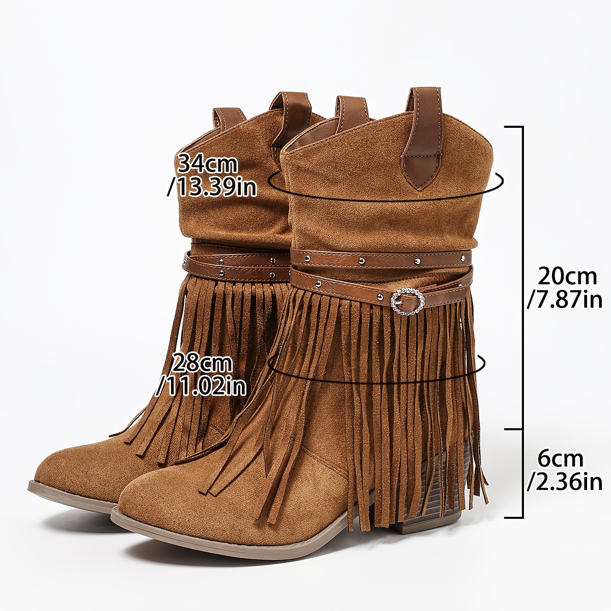 TEMU Trendy Fringe Detail Mid-calf Western Boots, Block Heel With Rhinestone Accent, Boho Style Footwear For Night Out, Women Shoes