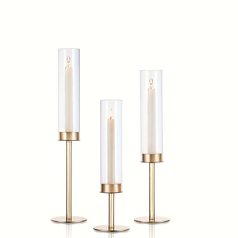 Image of Elegant Golden 3pcs Candlestick Set - Metal And Glass, Suitable For Weddings, Parties, And Holiday Table Decorations, Table Centerpiece Decoration, Restaurant Decoration