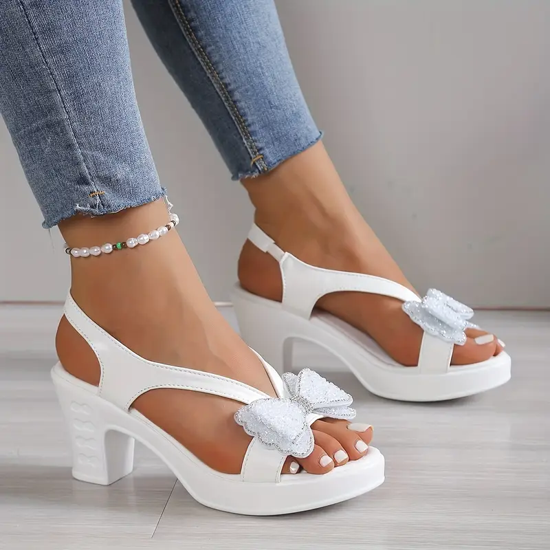womens elegant bow block heel sandals slip on open toe summer shoes with comfortable pu cover rubber sole breathable high heels for weddings parties vacations black white high heel sandals wedding guest shoes durable traction footwear evening sandals lightweight heels strappy heels party wear 1