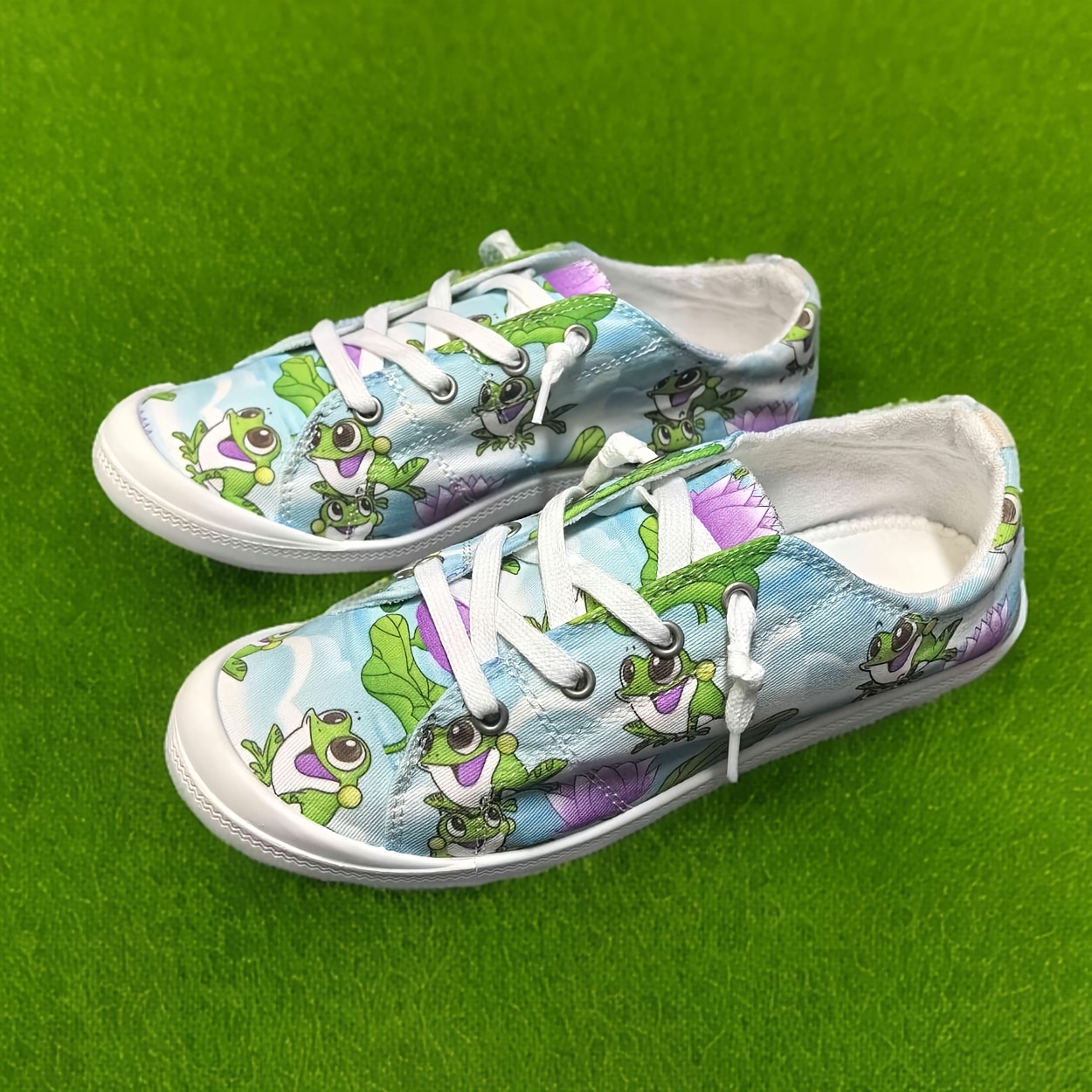 

Women's Casual Slip-on Canvas Sneakers With Cute Frog & For Lotus Design - Comfortable, Flats