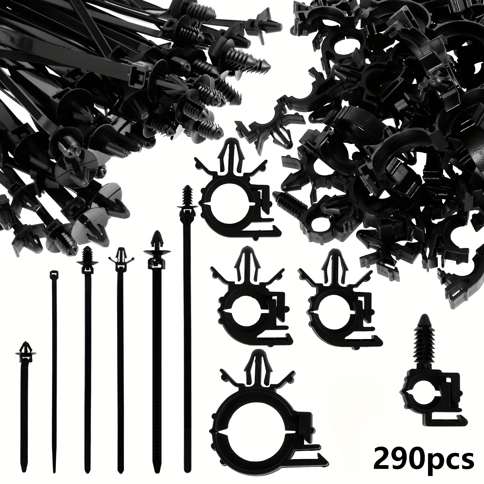 Image of 290pcs Assortment Kit Of Car Wire Harness Routing Clips In 5 Sizes, Made Of Durable Nylon, Suitable As Replacement Parts For Vehicles, Without Battery