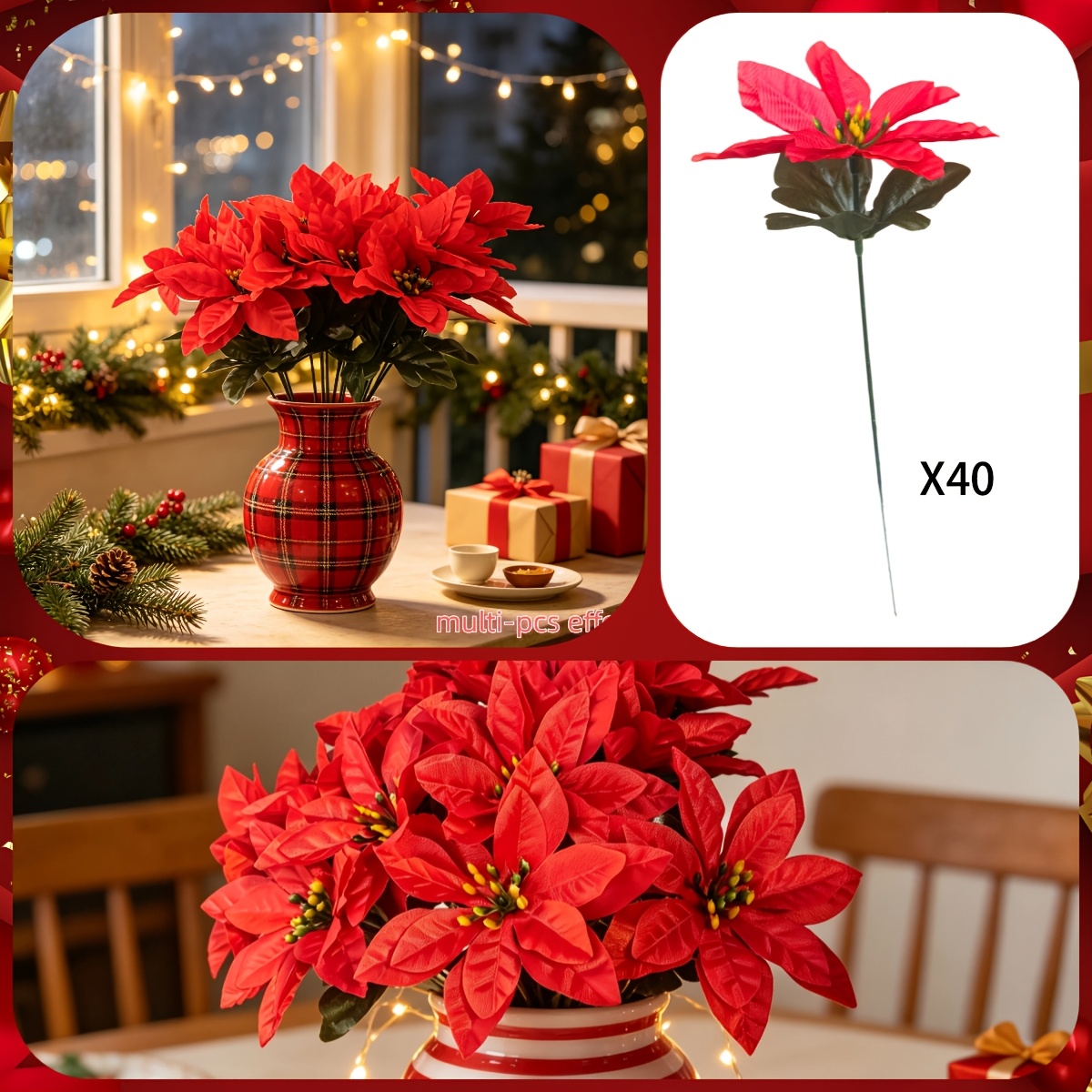 TEMU 40 pièces de fleurs de Noël artificielles éclatantes, fleurs rouges réalistes avec feuilles , convient pour la décoration de jardin extérieur,